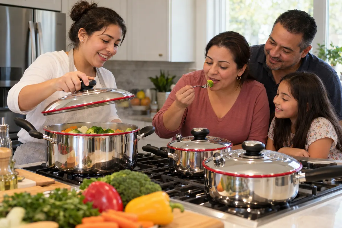 Asesora mostrando verduras al vapor a una familia en su cocina