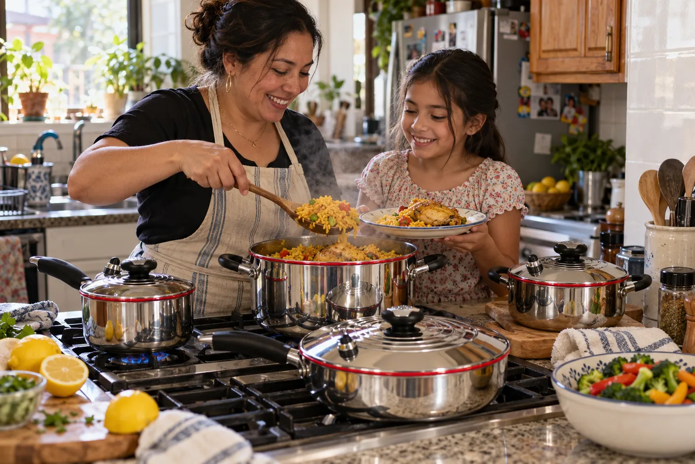 Mamá e hija sirven arroz con pollo desde ollas de acero en su cocina