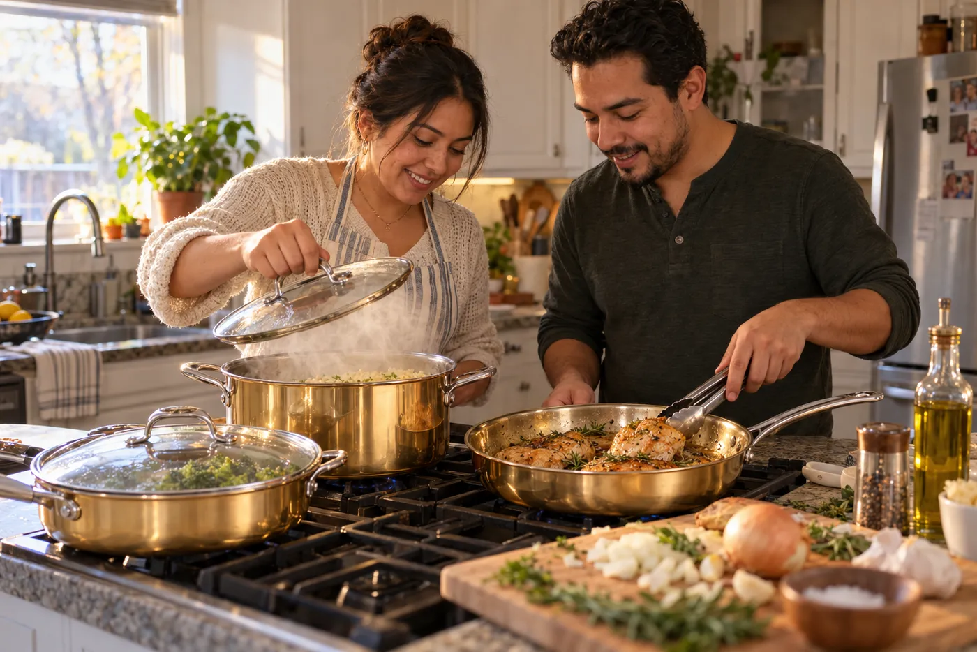 Pareja cocinando pollo en una sartén y una olla doradas