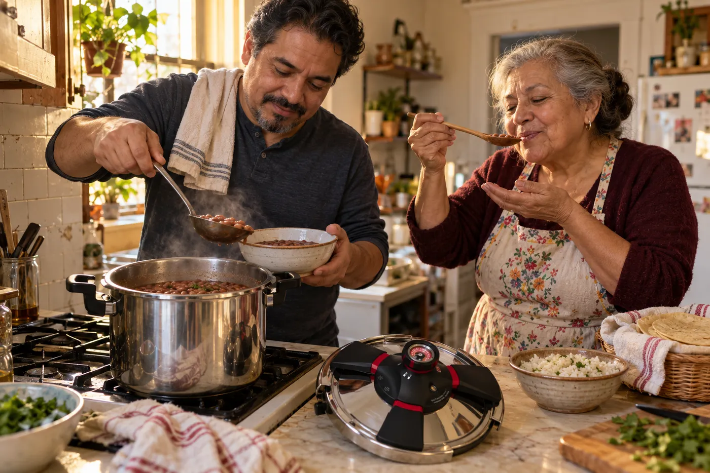 Papá sirve frijoles de una olla de presión mientras la abuela prueba