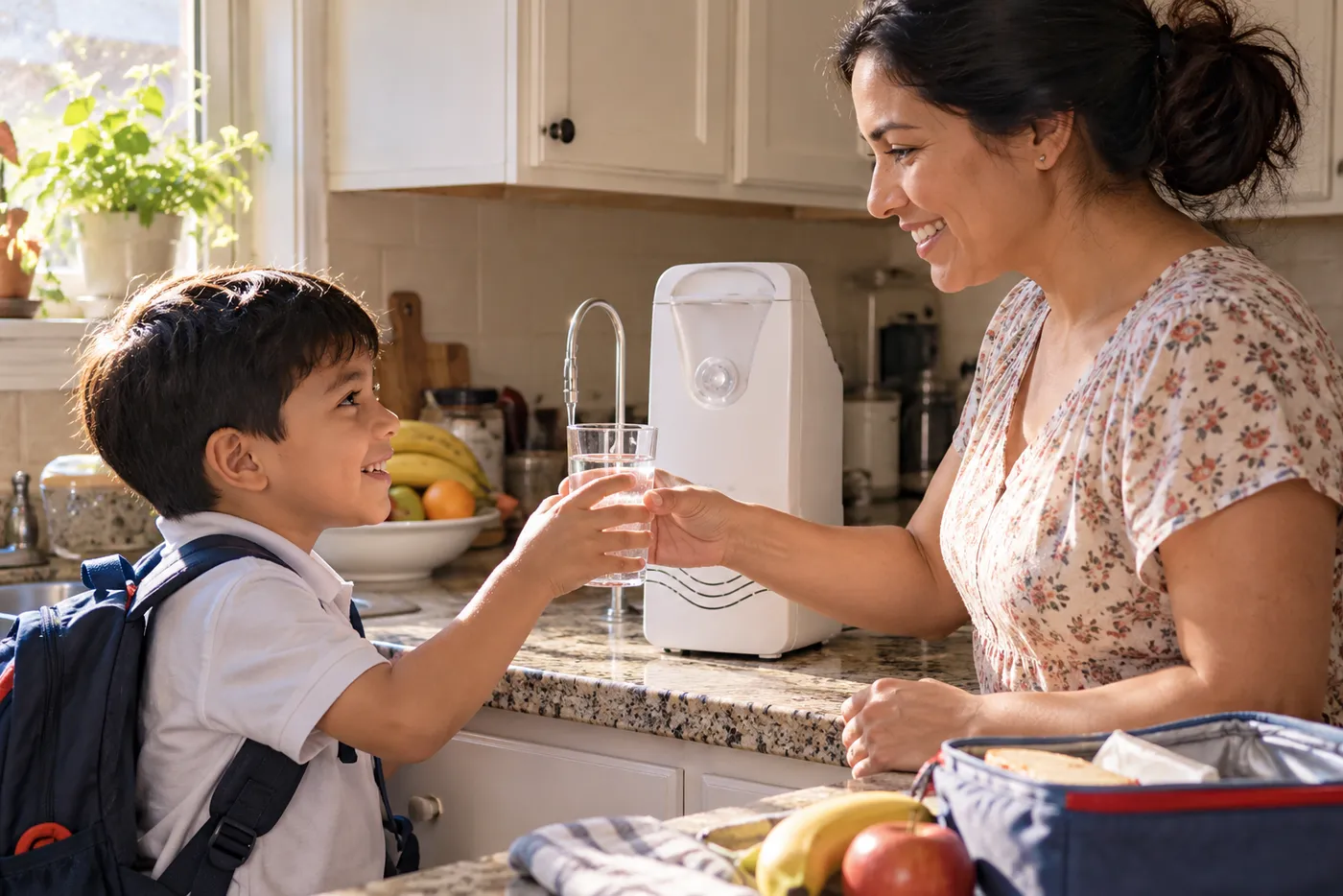 Mamá le da un vaso de agua del filtro a su hijo antes de la escuela