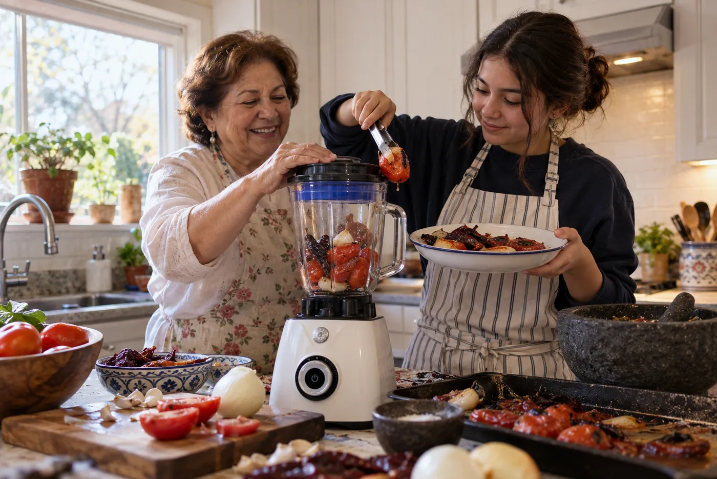 Abuela y nieta preparan salsa roja en una licuadora