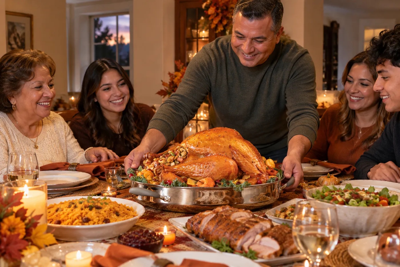 Familia en la cena de Thanksgiving con el pavo en la pavera